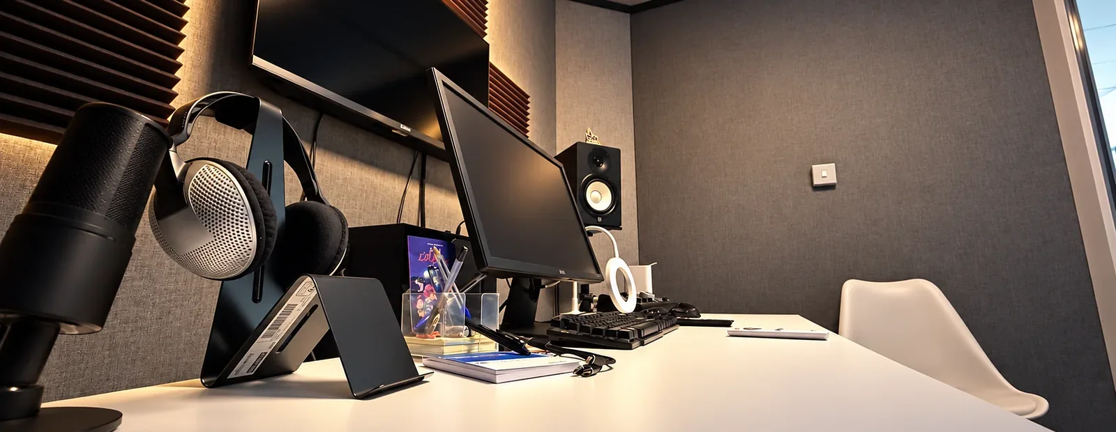 TABADUL studio desk with microphone, headphones and monitor