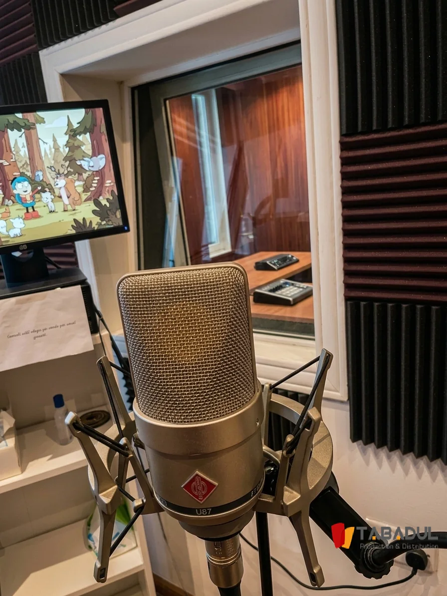 Neumann U87 studio microphone in the TABADUL voice-over booth, cartoon reference on screen behind