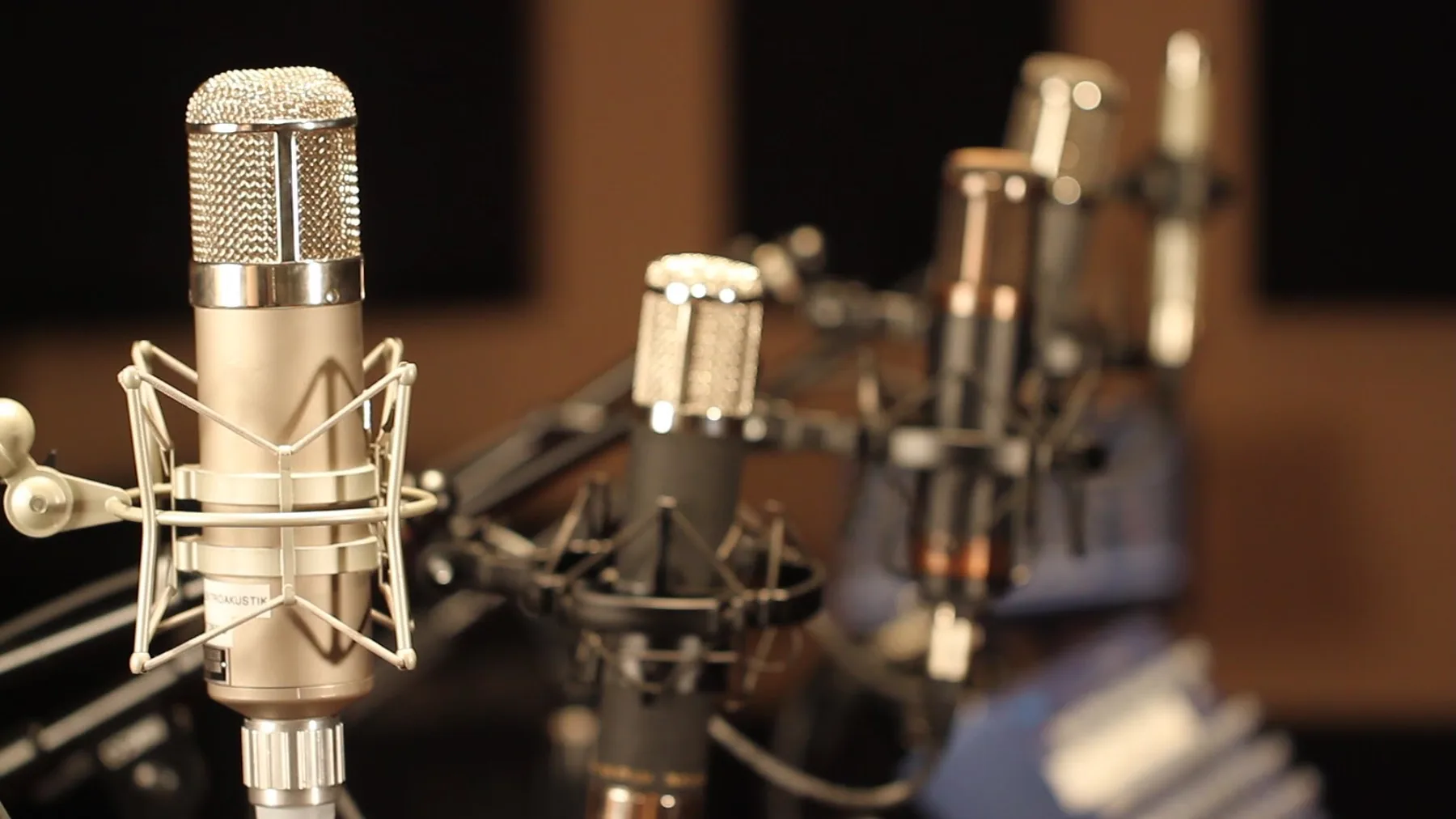 Row of professional studio condenser microphones in the TABADUL recording studio
